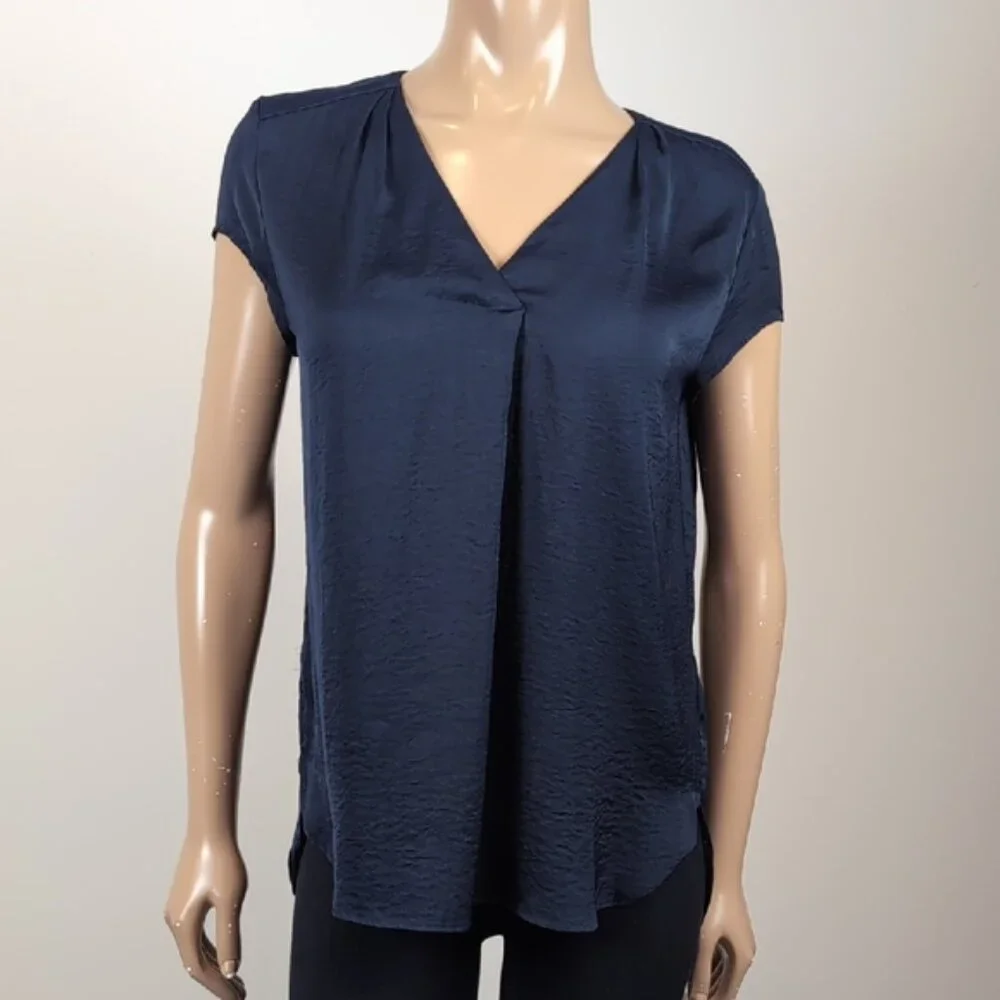H&M Navy Vneck Top Short Sleeve Blue Satin Pleated Blouse - Picture 10 of 12